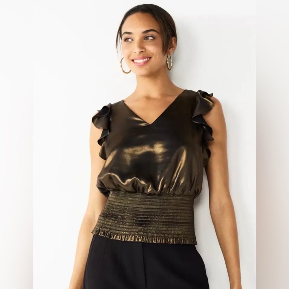 Nine West Women's Sleeveless Ruffle Smocked Hem Top Size XL Black Gold